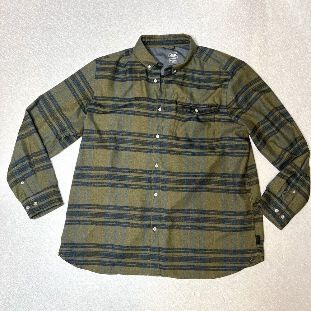 The NorthFace Shirt Men 2XL Green Flannel Striped Button Up Warm Camp‎ Outdoor